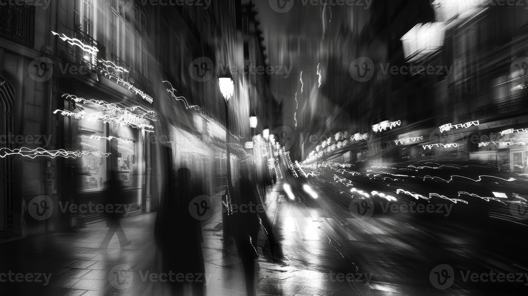 Street lamps and cart.headlights create a mesmerizing blur on the busy street. Black and white art. photo