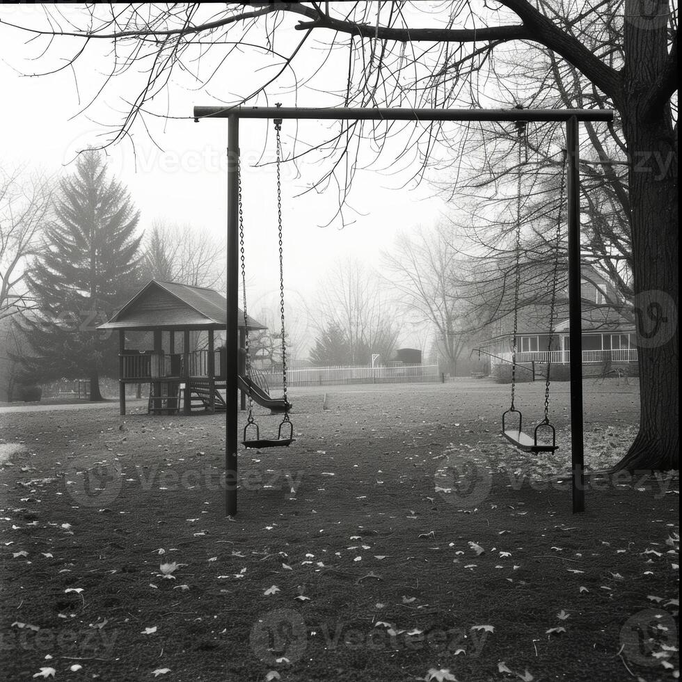 With no children giggling or shouting the playground feels barren and desolate. Black and white art. photo