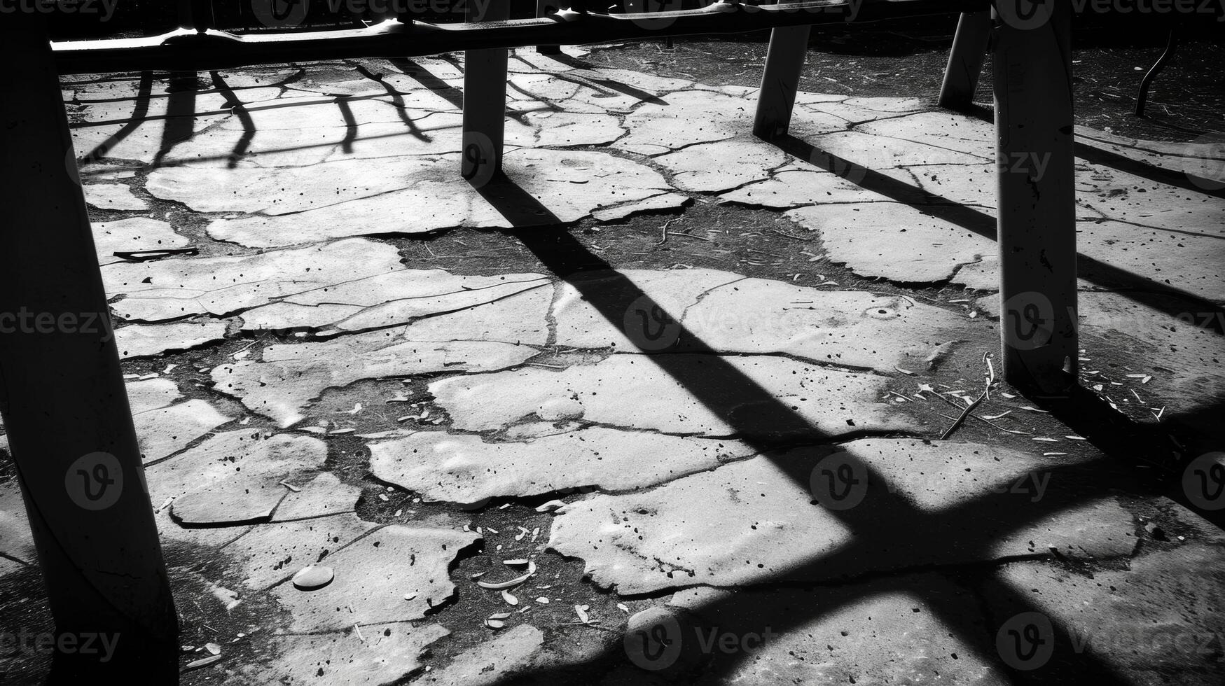 The plastic monkey bars cast ominous shadows on the cracked pavement. Black and white art. photo