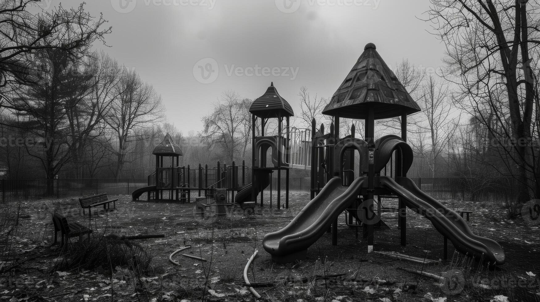 The abandoned playground seems like a ghost town with no signs of life or joy. Black and white art. photo
