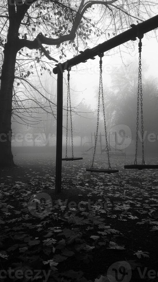The eerie silence of the empty playground is only broken by the rustling of leaves in the wind. Black and white art. photo
