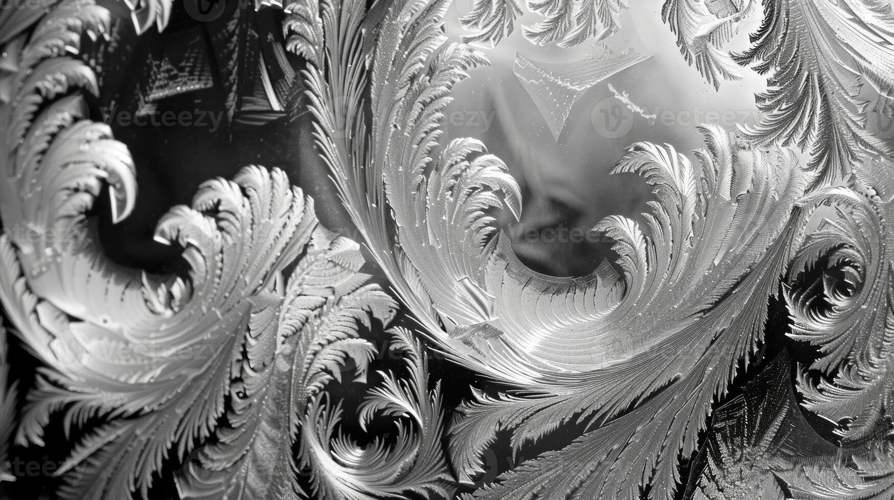 Intricate swirls of frost like an icy tapestry decorate the window. Black and white art. photo