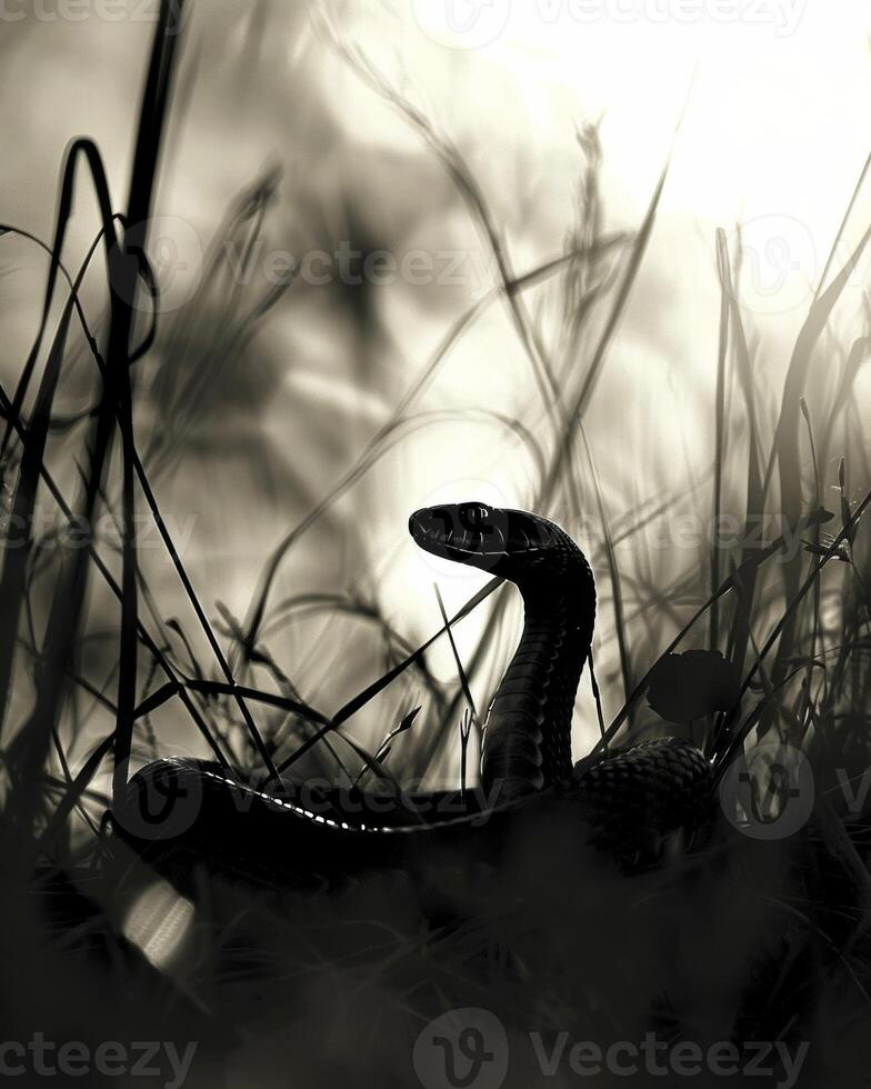 A s slithers through the grass in silhouette its outline defined by the warm glow of a setting sun. Black and white art. photo