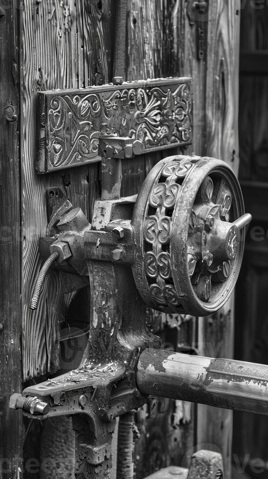 The intricate design of an antique hand crank adds character to an old grain grinder. Black and white art. photo