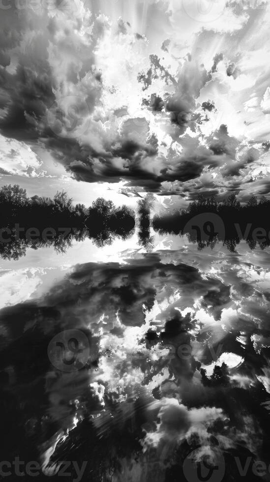 Reflections of a cloudy sky on the surface of a still lake transforming into a mesmerizingart.ray of geometric shapes. Black and white art. photo