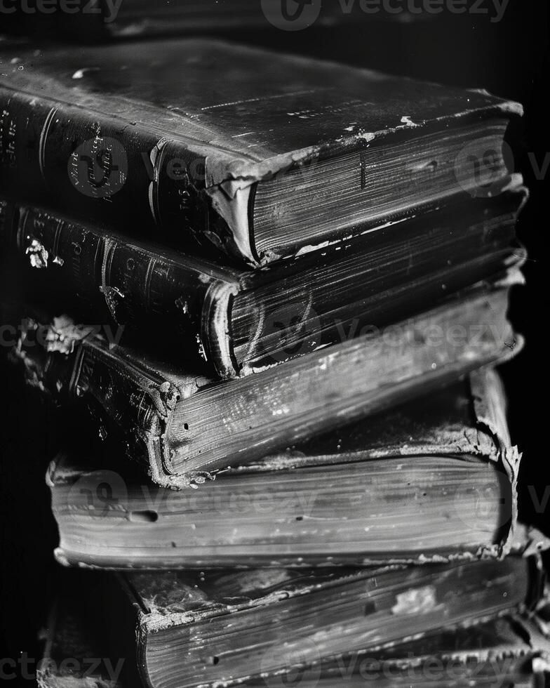 Each book bears its own unique marks and imperfections a testament to its longevity. Black and white art. photo