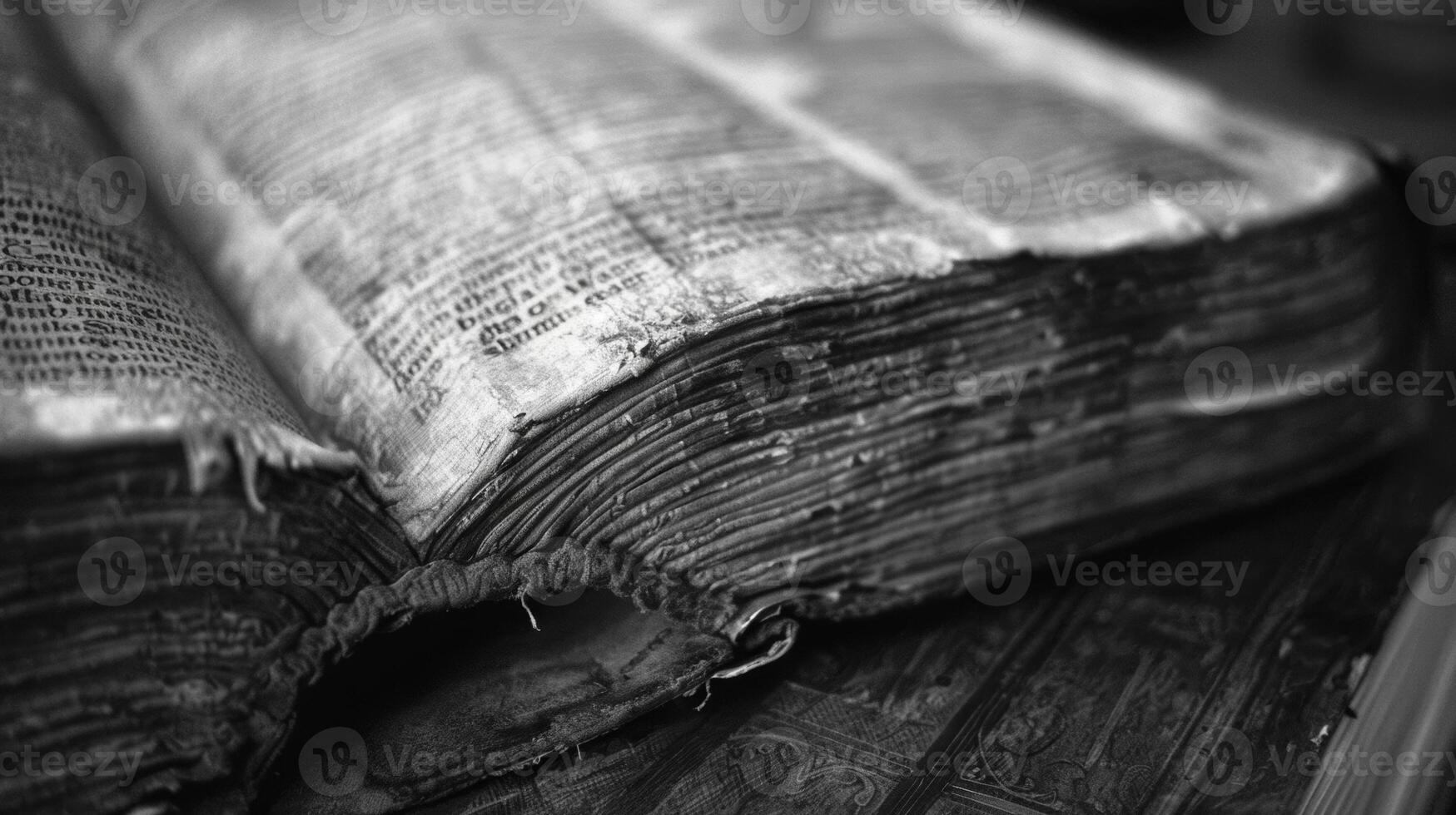 The muted tones of yellowed pages contrast with the deep black of the lettering. Black and white art. photo