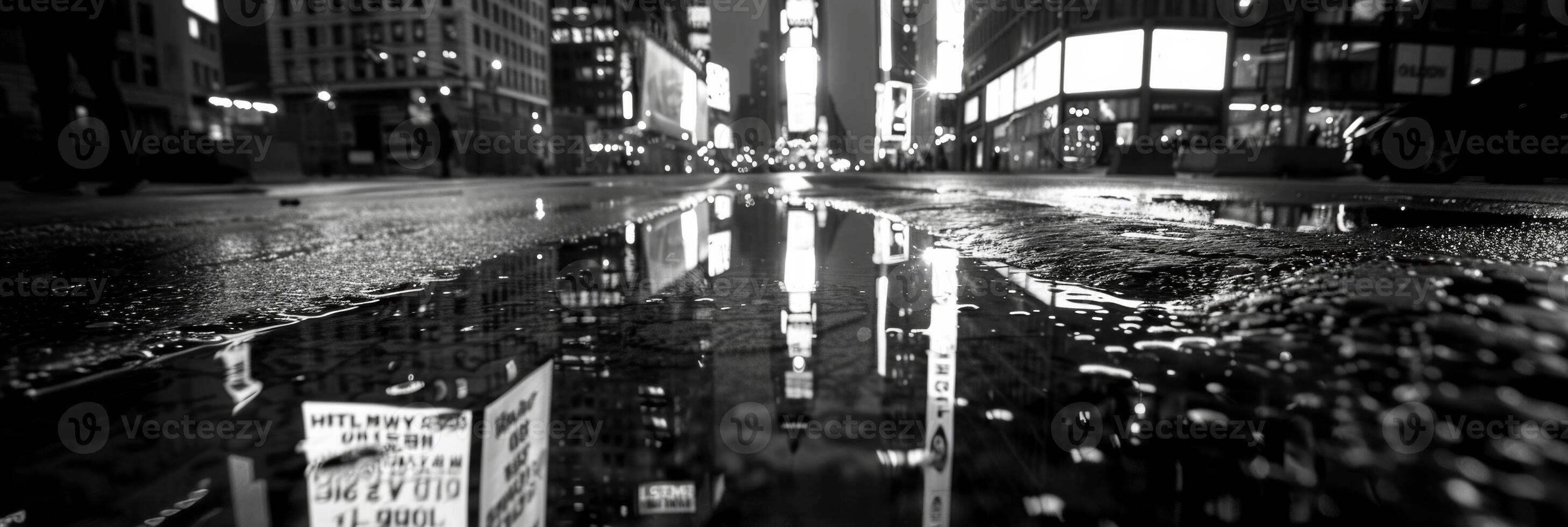 The glowing lights of the city create a shimmering effect in a puddles reflection. Black and white art. photo