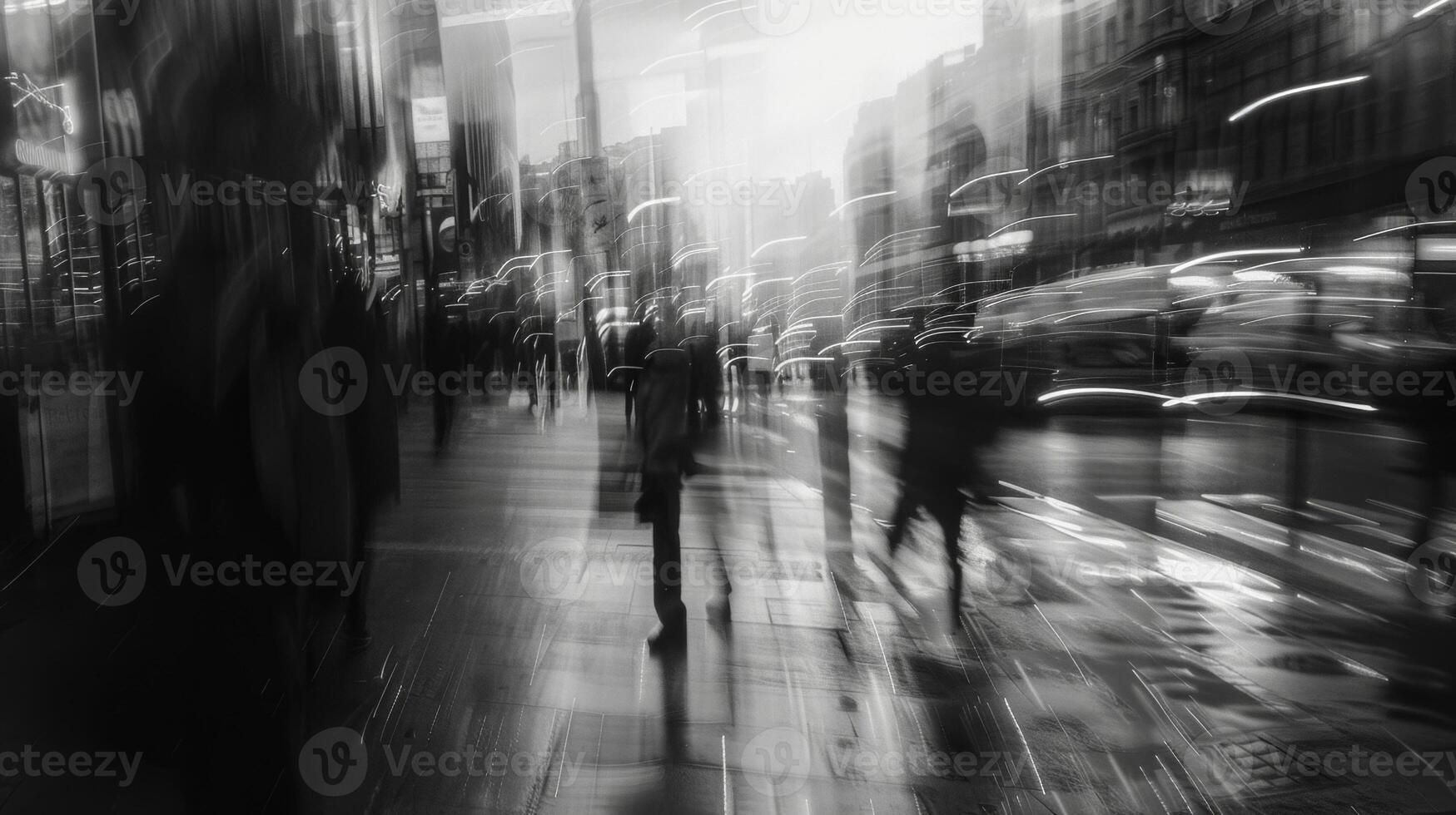 The blurred lines of a busy street captured through the reflection in a glass window. Black and white art. photo