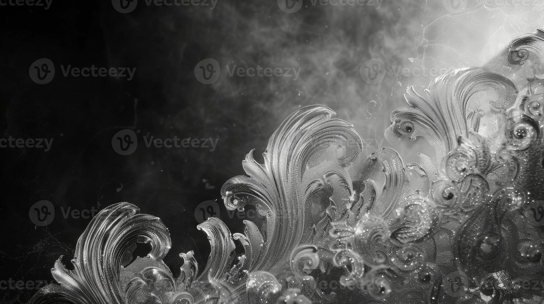 Dust motes dance in the faint light revealing the intricate detail of a filigree design. Black and white art. photo