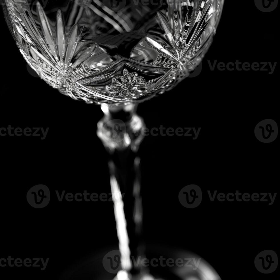 A closeup shot of a crystal wine glass the intricate patterns in its stem reflecting in the cleart.liquid inside. Black and white art. photo