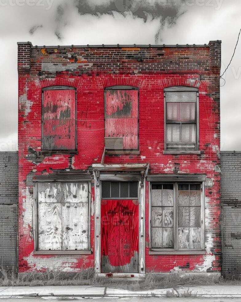 A crumbling brick building stands as a forgotten relic its once bright red facade now faded and chipped. Black and white art. photo