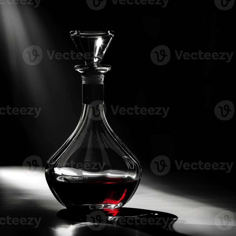 A sleek glass decanter filled with a deep red liquid the light bouncing off its smooth surface and creating an alluring shine. Black and white art. photo