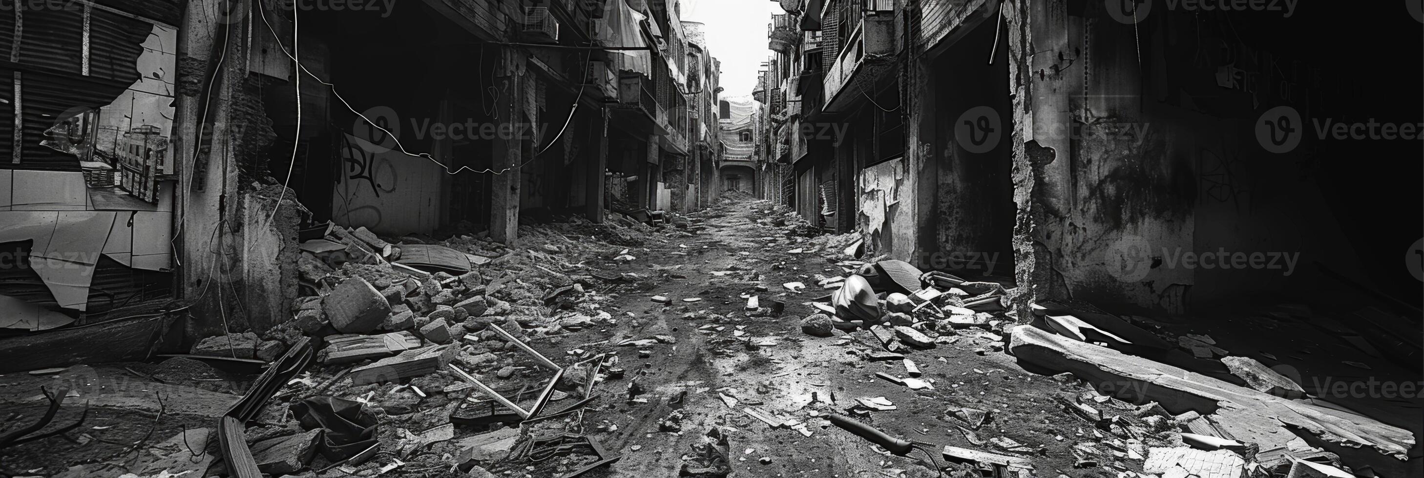 The once bustling streets now empty and littered with debris reflecting the abandonment and neglect of a decaying urbanart.ea. Black and white art. photo