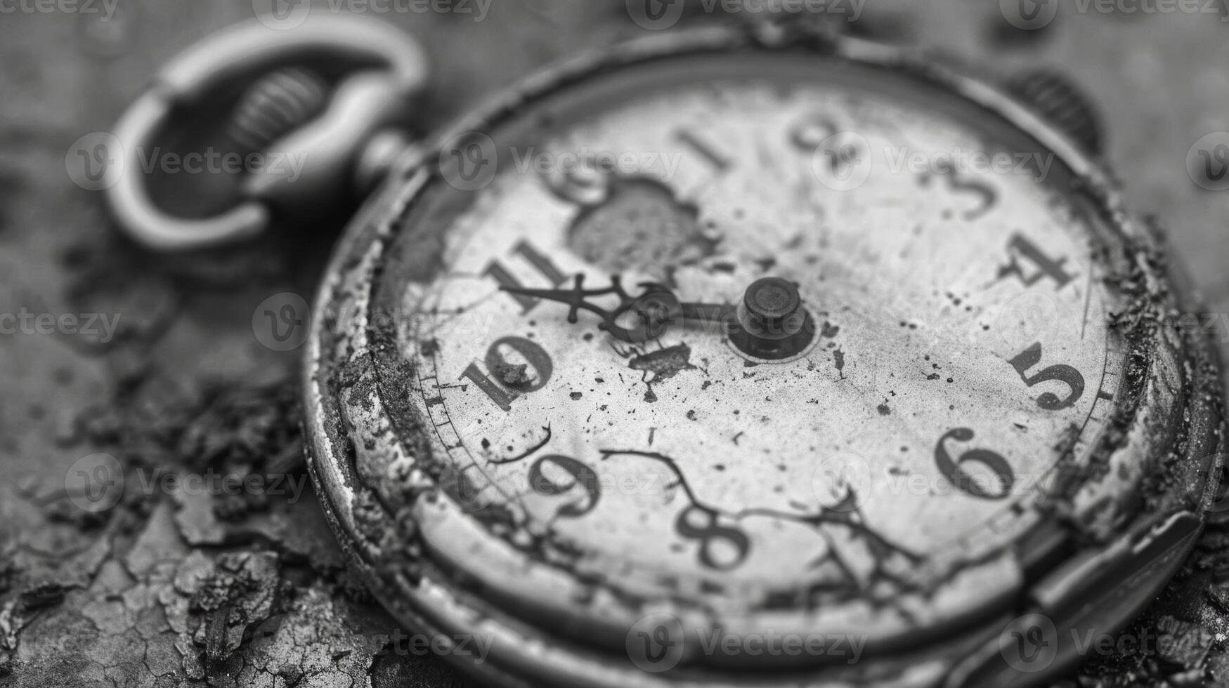 The faded patina of a vintage pocket watch telling the story of time gone by. Black and white art. photo