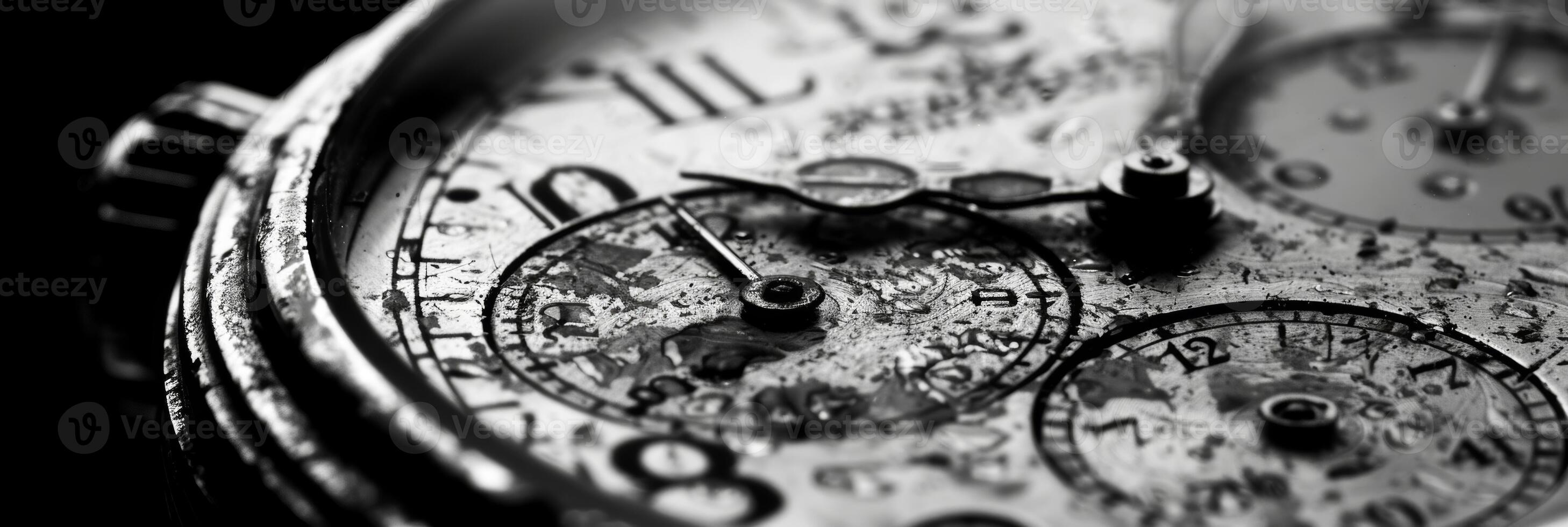 A dial of a vintage watch with each scratch and imperfection a mark of its history. Black and white art. photo