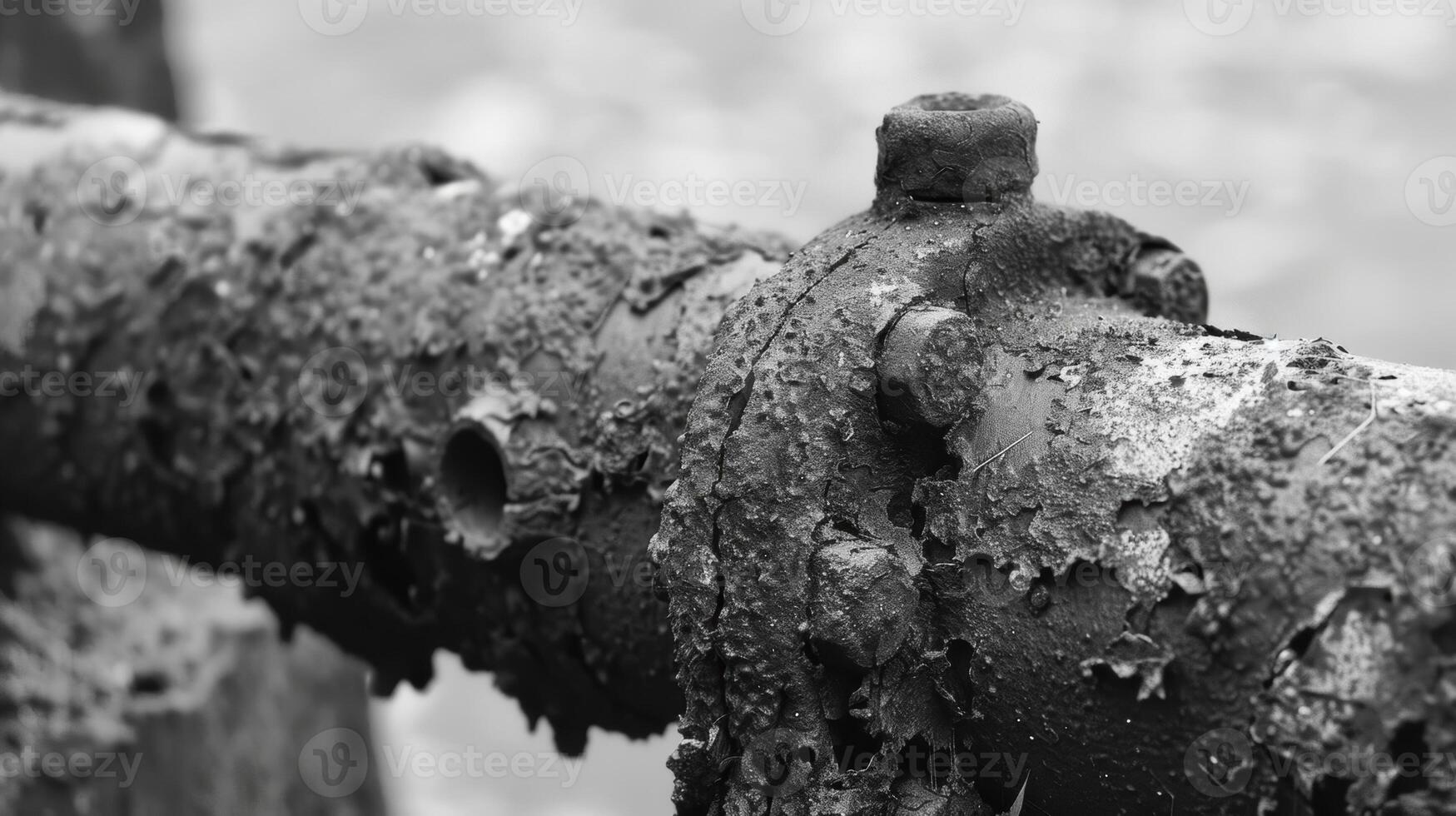 A rusty metal pipe its once cylindrical shape now distorted and rusted through. Black and white art. photo