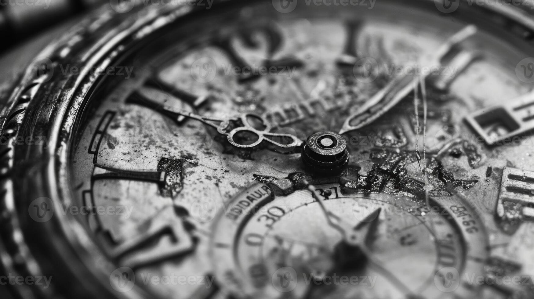 The weathered face of a vintage watch telling the tale of its journey through the ages. Black and white art. photo