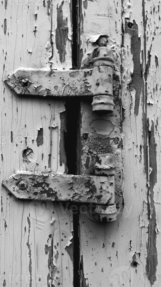 The rusty hinges of an old door their movement slowed and creaky from years of neglect. Black and white art. photo