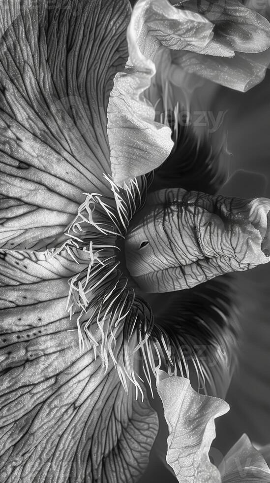 The rich color of the iris is enhanced by intricate patterns and lines. Black and white art. photo