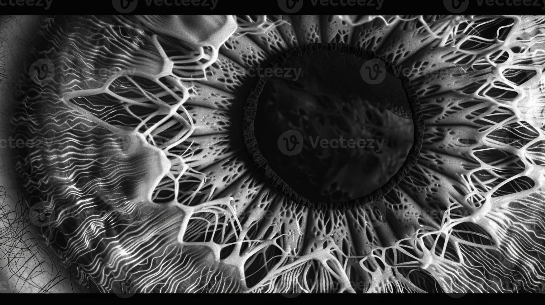 Every and vessel is visible in this highdefinition macro eye shot. Black and white art. photo