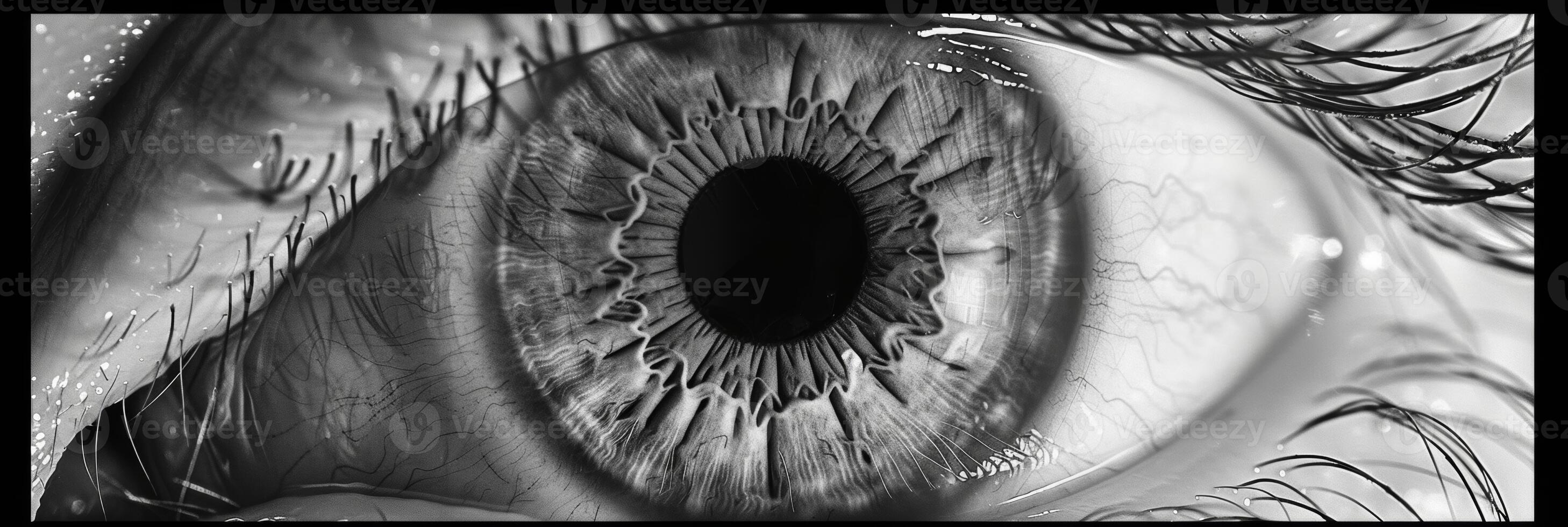 The whites of the eyeart.e pristine and pure contrasting against the bold hues of the iris. Black and white art. photo