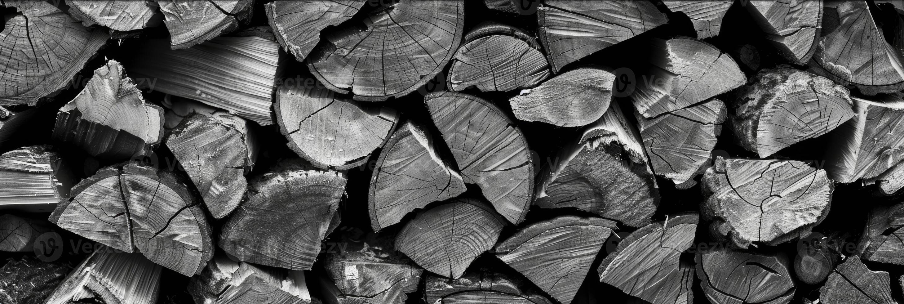 A stack of firewood with the intricate wood grain creating a sense of warmth and coziness. Black and white art. photo