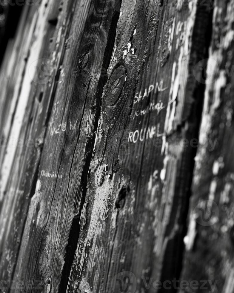 A detailed shot of a rustic wooden sign its grain adding a charming touch to the words written upon it. Black and white art. photo