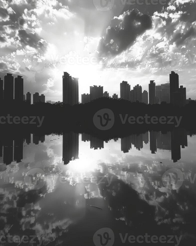 A serene lake reflects the silhouette of a bustling city with tall buildings reaching towards the sky. Black and white art. photo