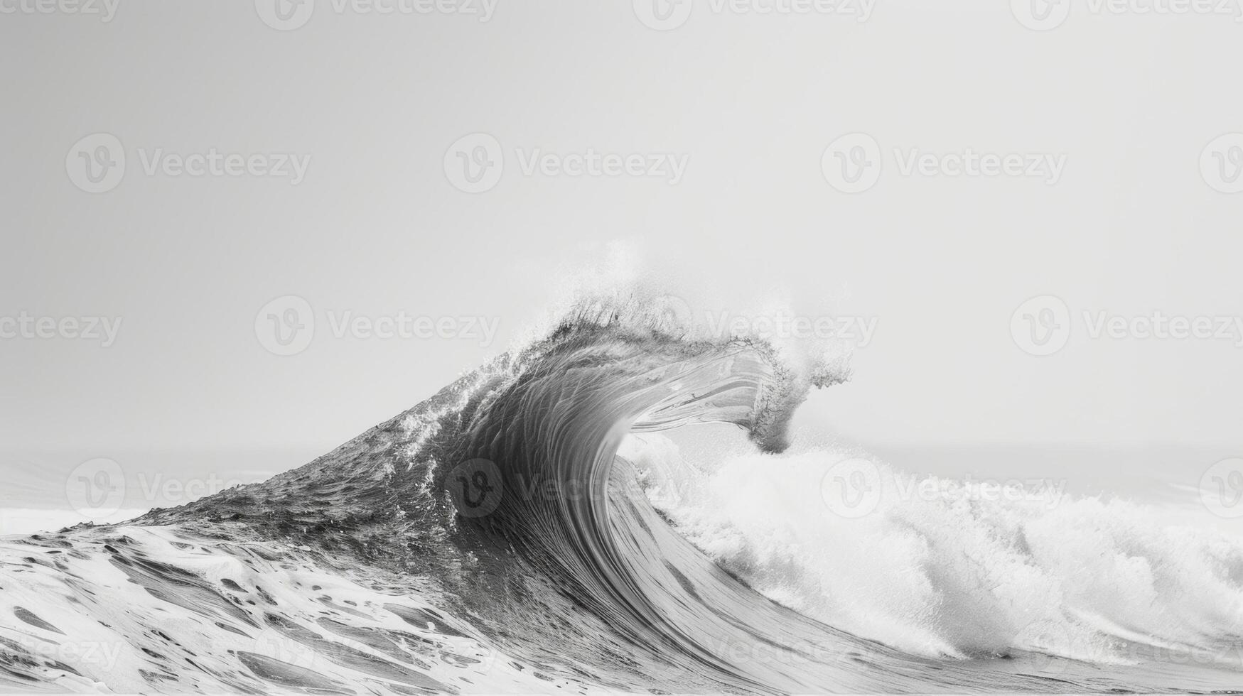 A minimalist composition of a single wave crashing against a stark white shore. Black and white art. photo
