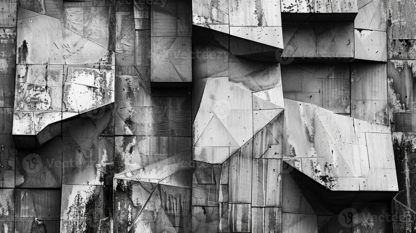 A closeup shot of a buildings facade reveals the elaborate network of abstract shapes and textures that make up its exterior giving the impression of a modernart.chitectural Black and photo