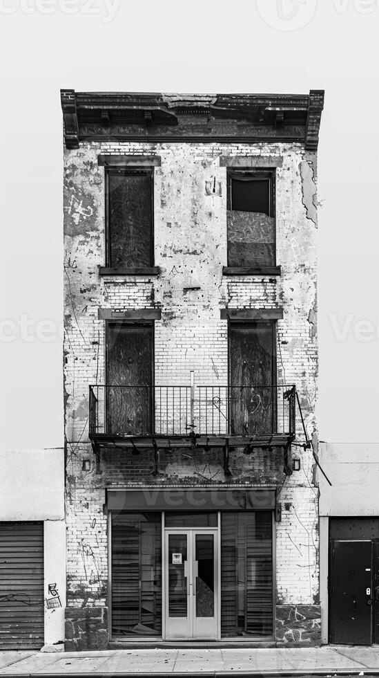 The abandoned buildings and closed storefronts add to the emptiness of the urban streets. Black and white art. photo