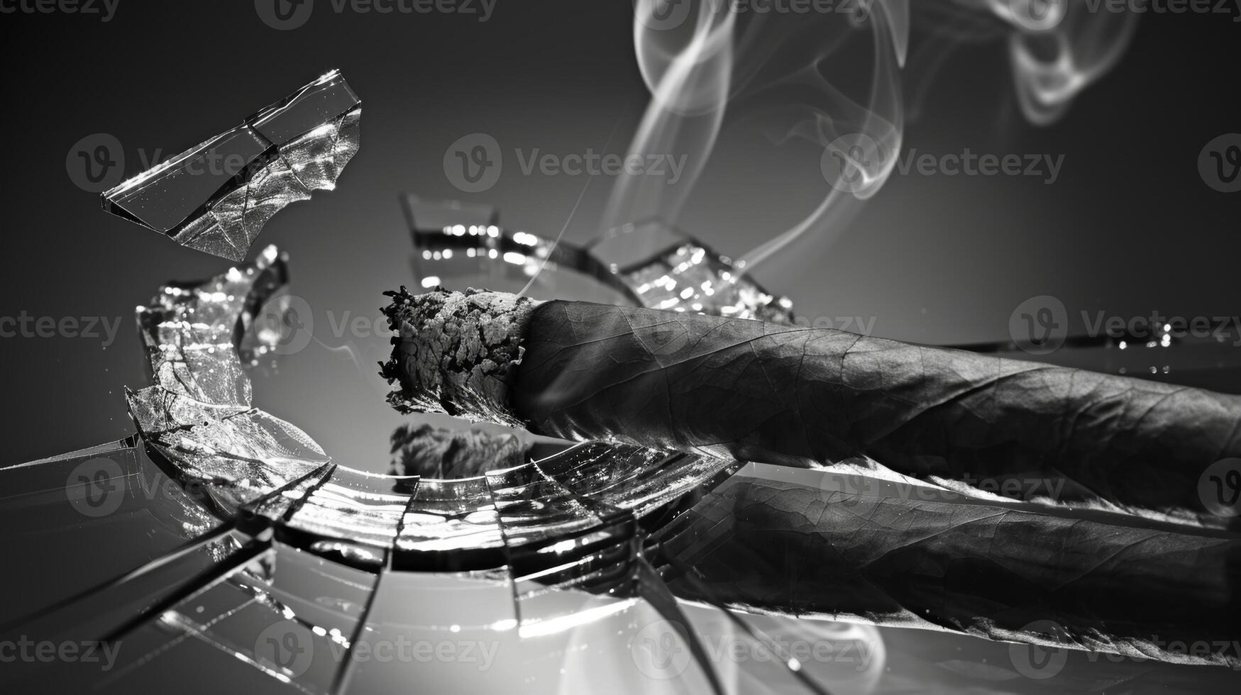 The reflection of a smoldering cigart.is distorted in a broken convex mirror adding to the illusion of smoke and mirrors. Black and white art. photo