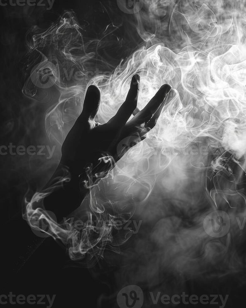 The silhouette of a hand can be seen in a hazy mirror manipulating the smoke swirling in front of it. Black and white art. photo
