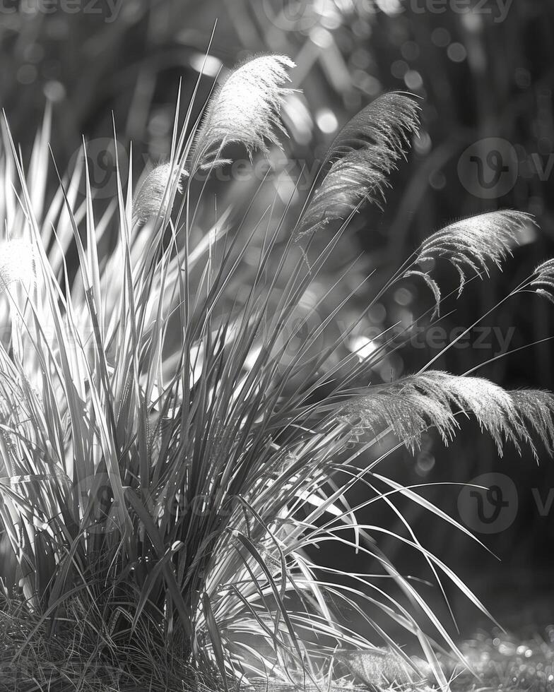 The contrast of light and shadow on the bending grasses. Black and white art. photo