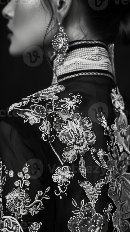 The intricate embroidery of a vintage blouse is showcased in a stark monochrome image highlighting its timeless charm. Black and white art. photo