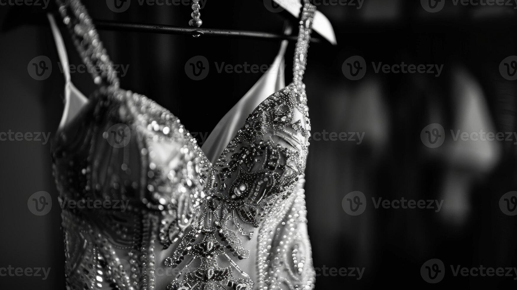 A beaded evening gown hangs from a hanger its intricate beadwork and elegant silhouette making it a significant piece of vintage fashion. Black and white art. photo