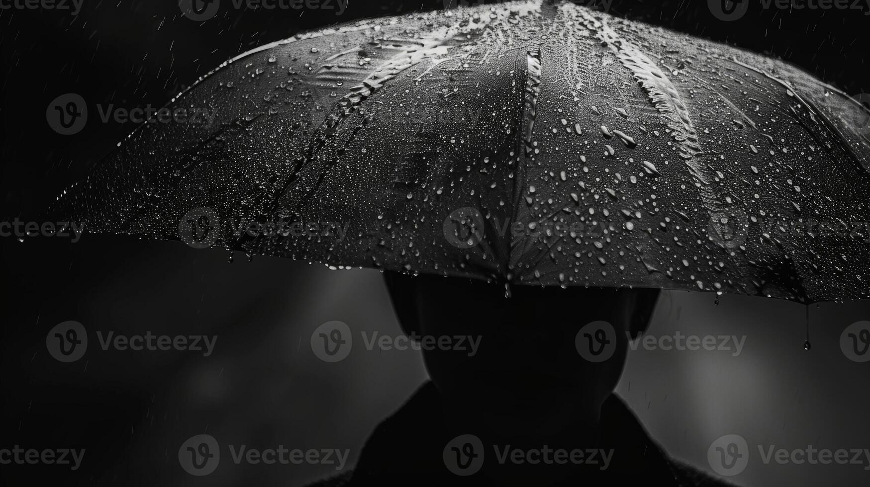 A person standing under a dripping umbrella their face obscured by the shadowy coverage. Black and white art. photo