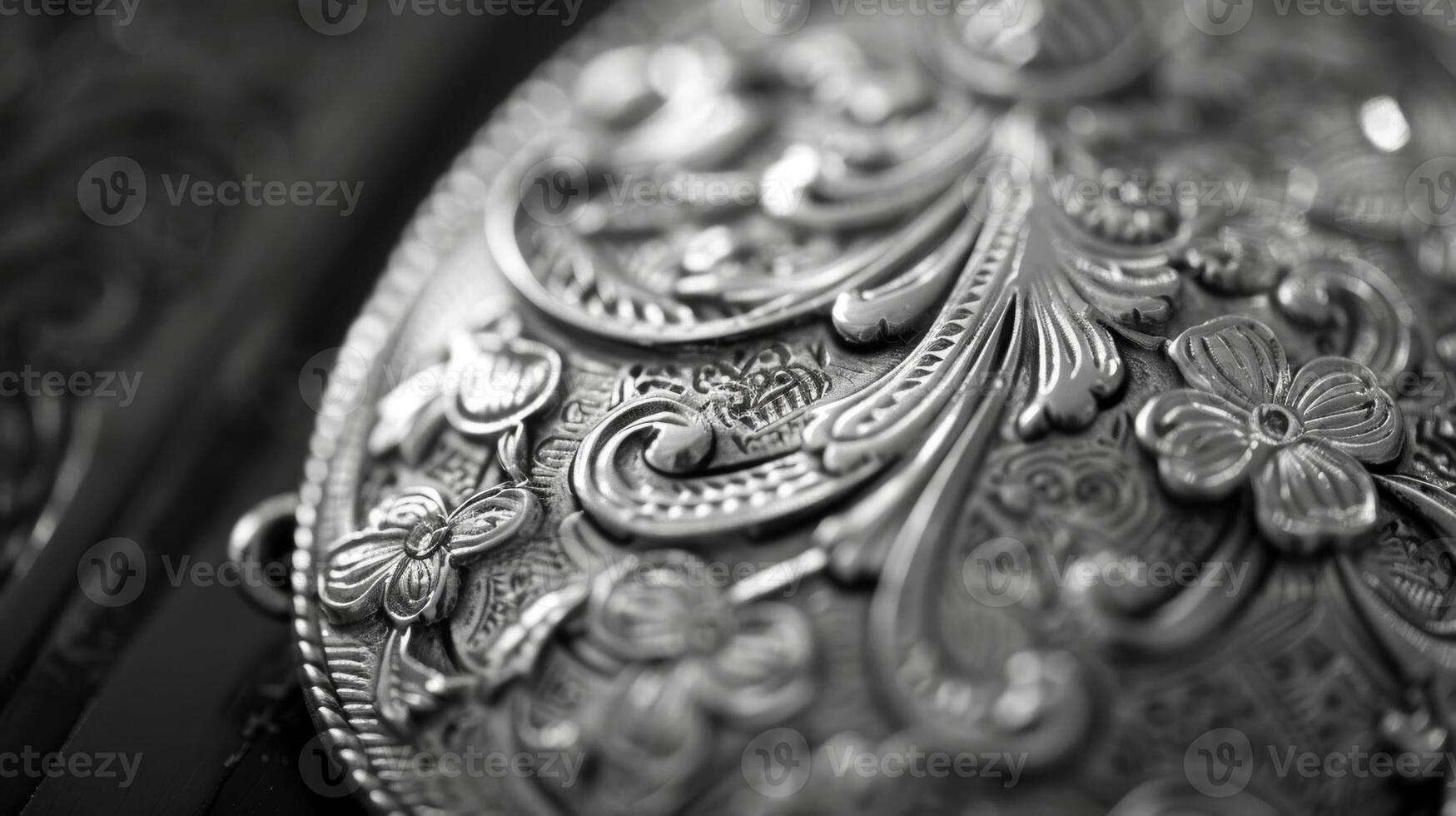 The small details of a vintage brooch from the intricate etching to the fading sheenart.e highlighted in a black and white photo. Black and white art. photo