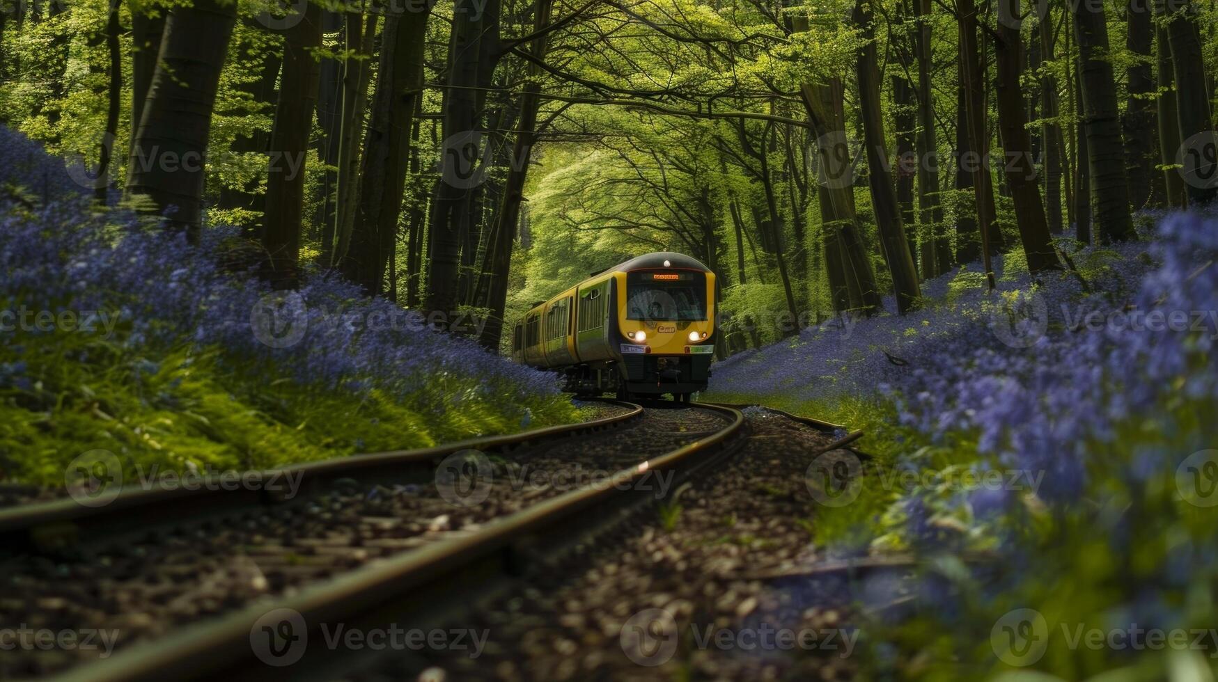 The trains path was marked by a carpet of vibrant bluebells creating a serene and calming atmosphere photo