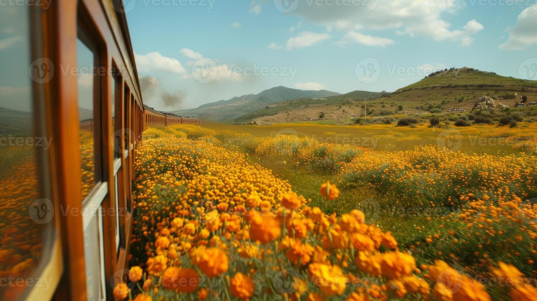 As far as the eye could see the train passed through fields of bright and cheerful marigolds photo