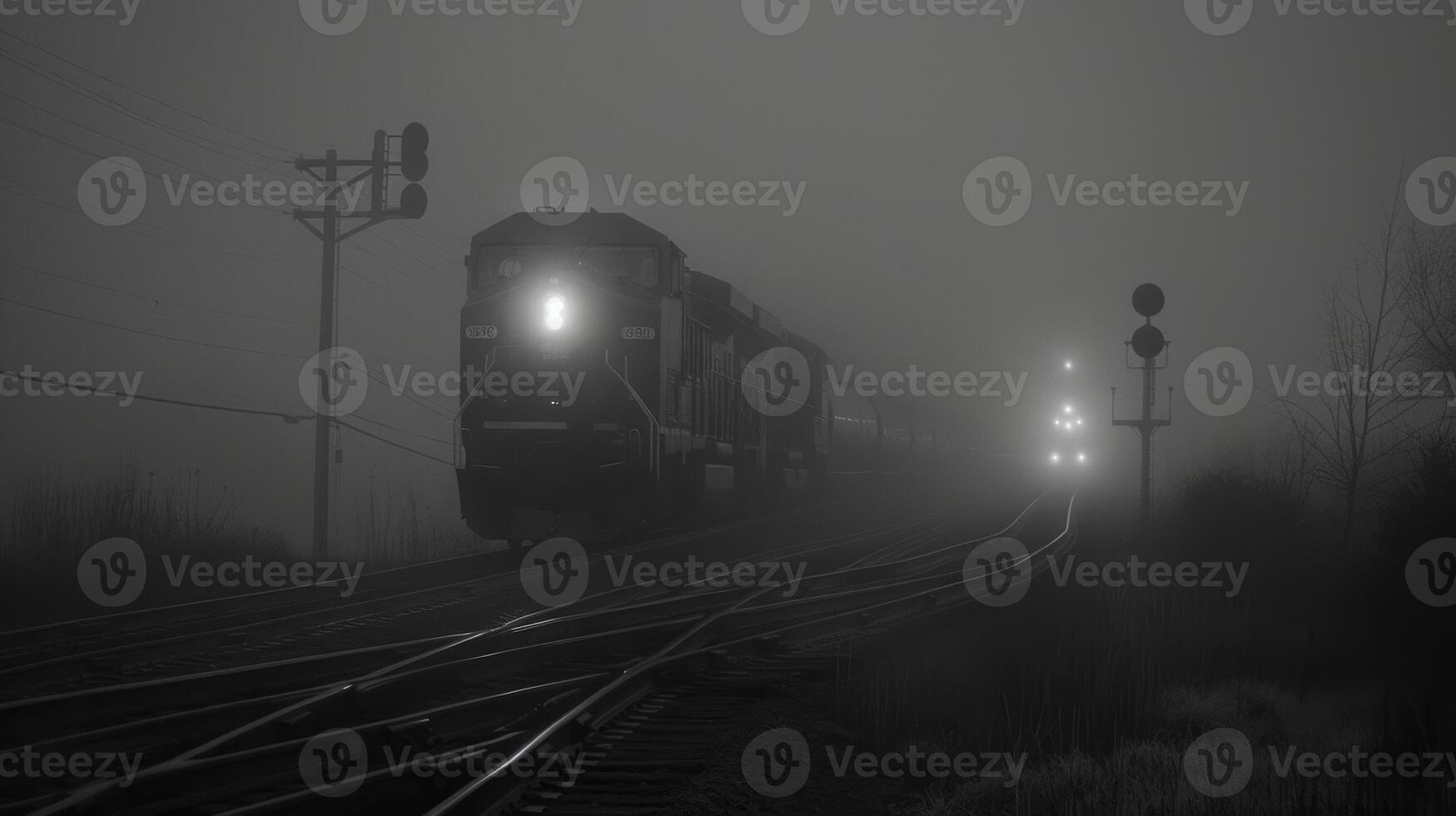 Darkness and fog shroud the train as it barrels down the tracks photo