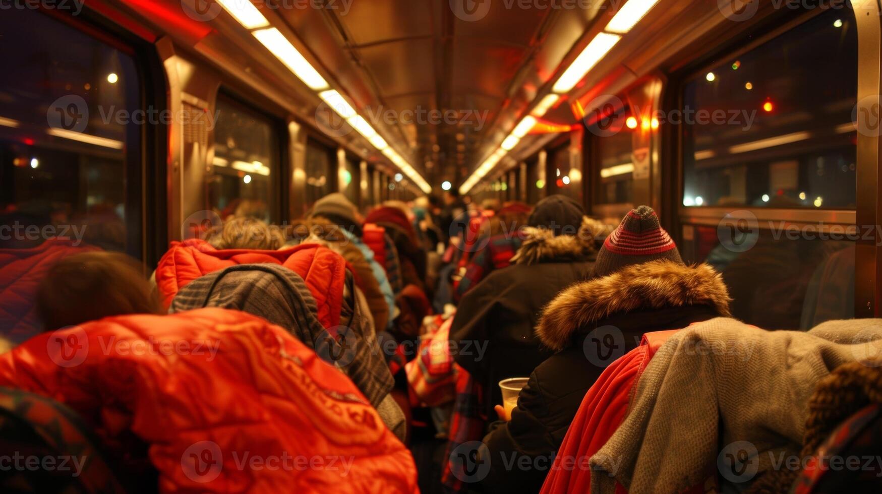 Passengers huddle together in warm blankets sipping hot apple cider as they enjoy the ride photo