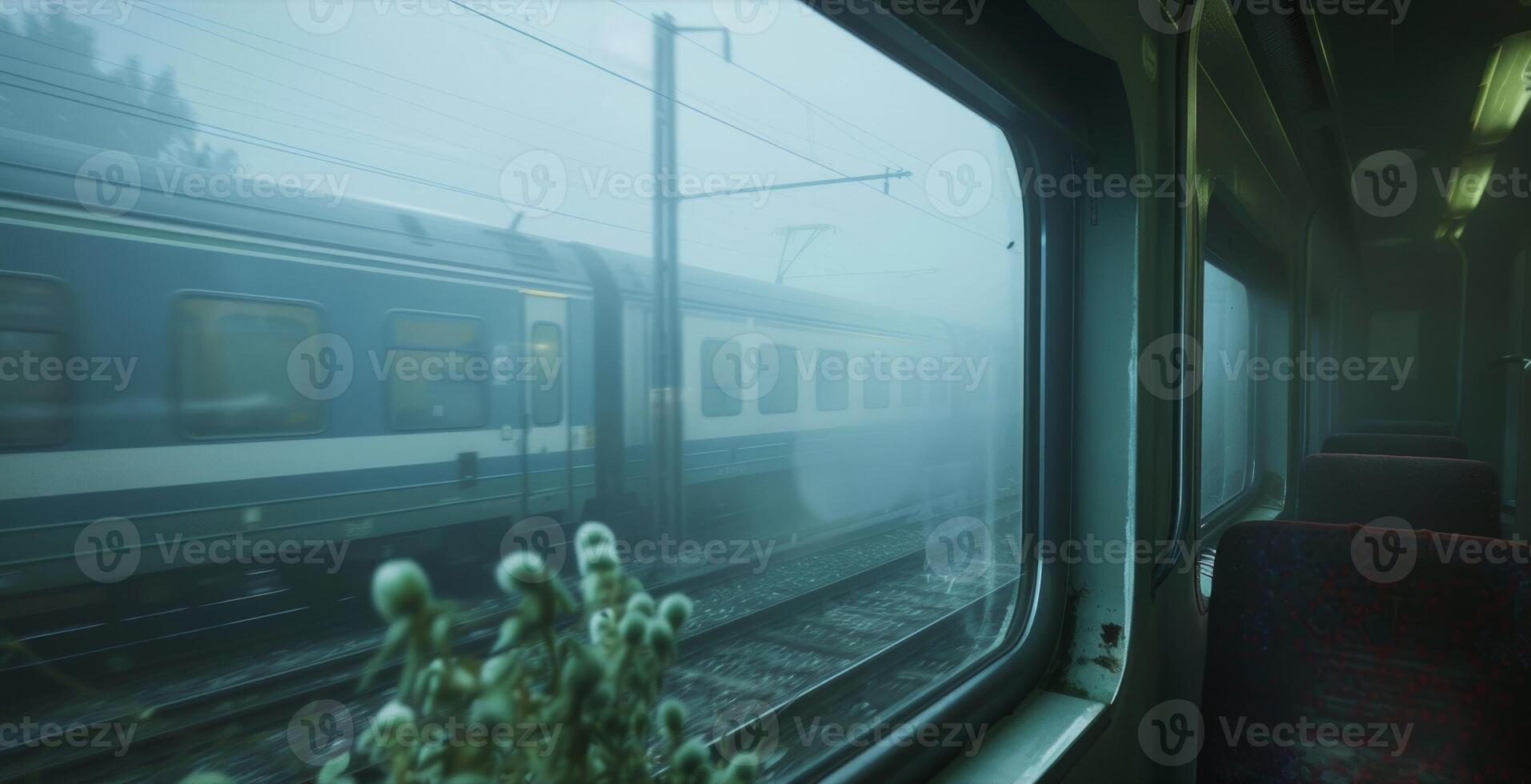 The foggy scenery creates a dreamy atmosphere for the passing train photo