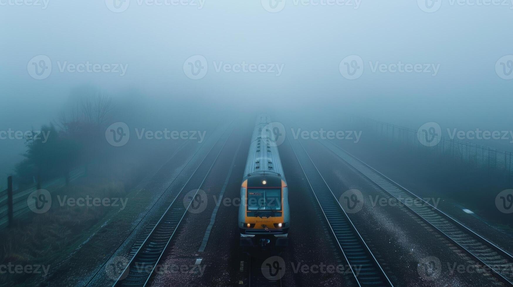 The trains cars seem to disappear into the thick fog as it speeds by photo