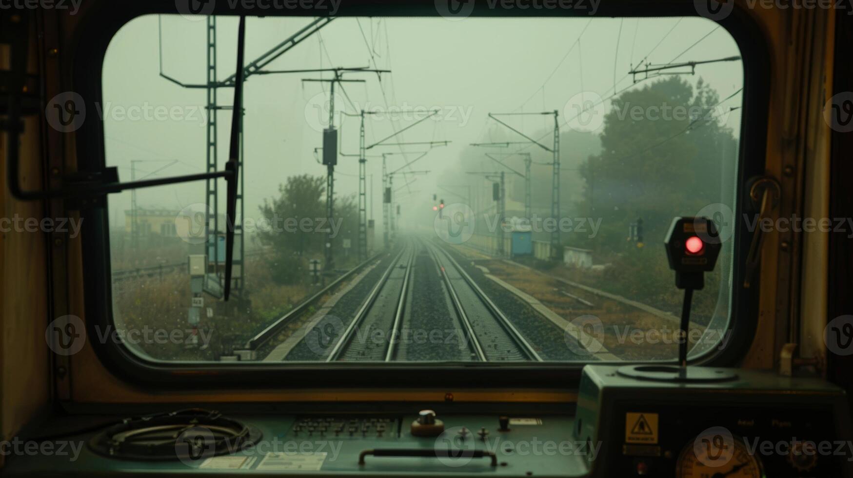 A hazy morning blankets the train tracks as the locomotive passes by photo