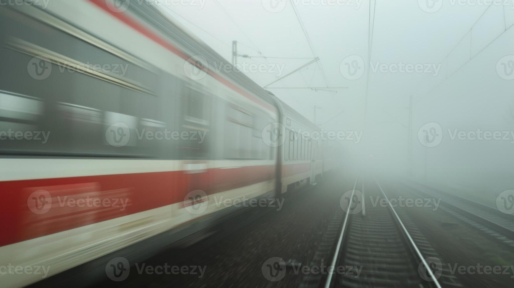 The blurred outline of the train can be seen through the foggy mist photo