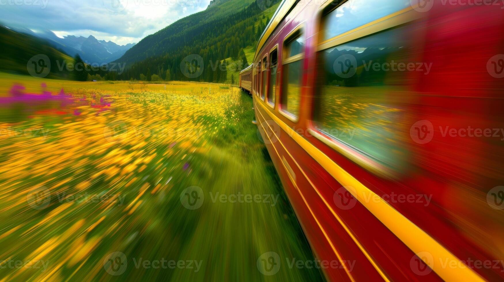 Alpine meadows passing by in a blur of vibrant colors as the train speeds through the landscape photo