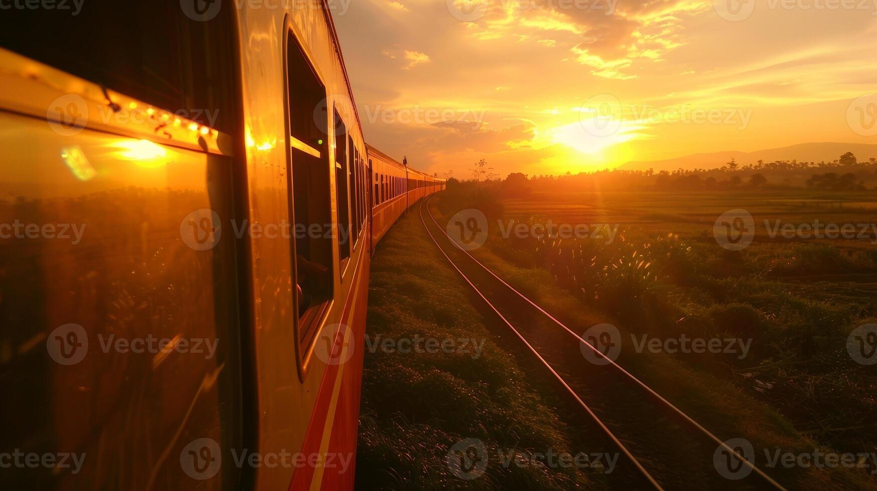 The warm hues of the sunset enveloping the train almost as if it is being embraced by nature photo