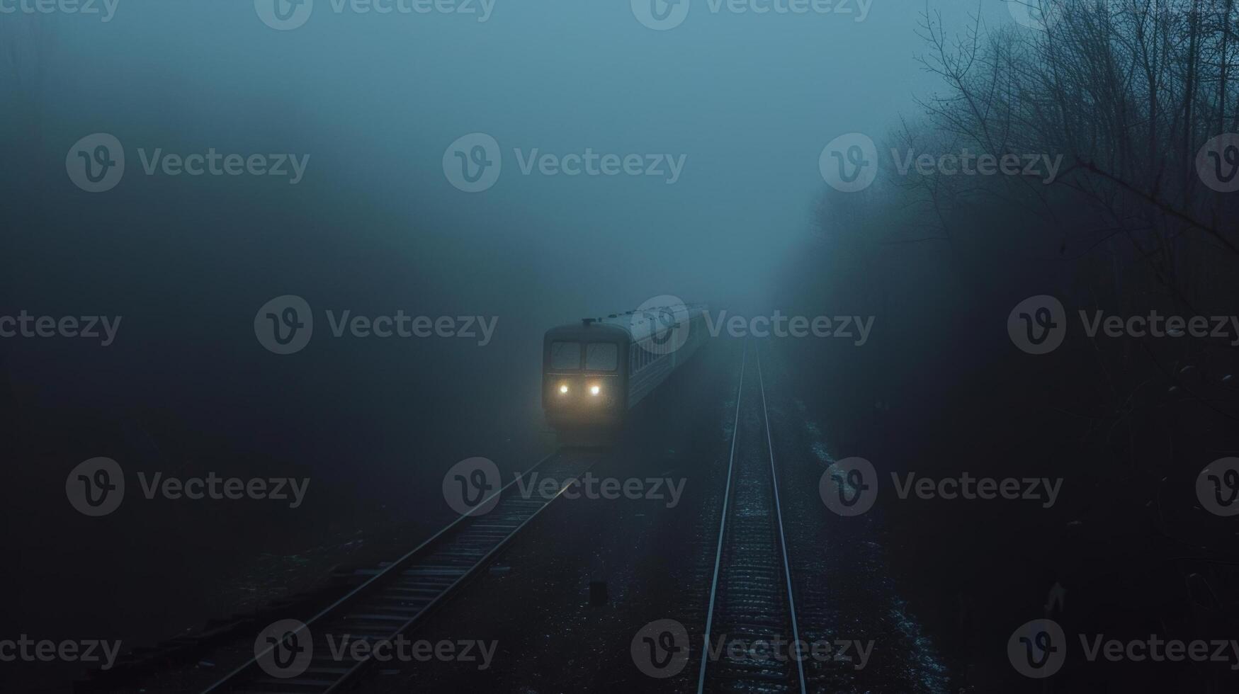 The train steadily makes its way through the thick blanket of fog creating an eerie atmosphere photo